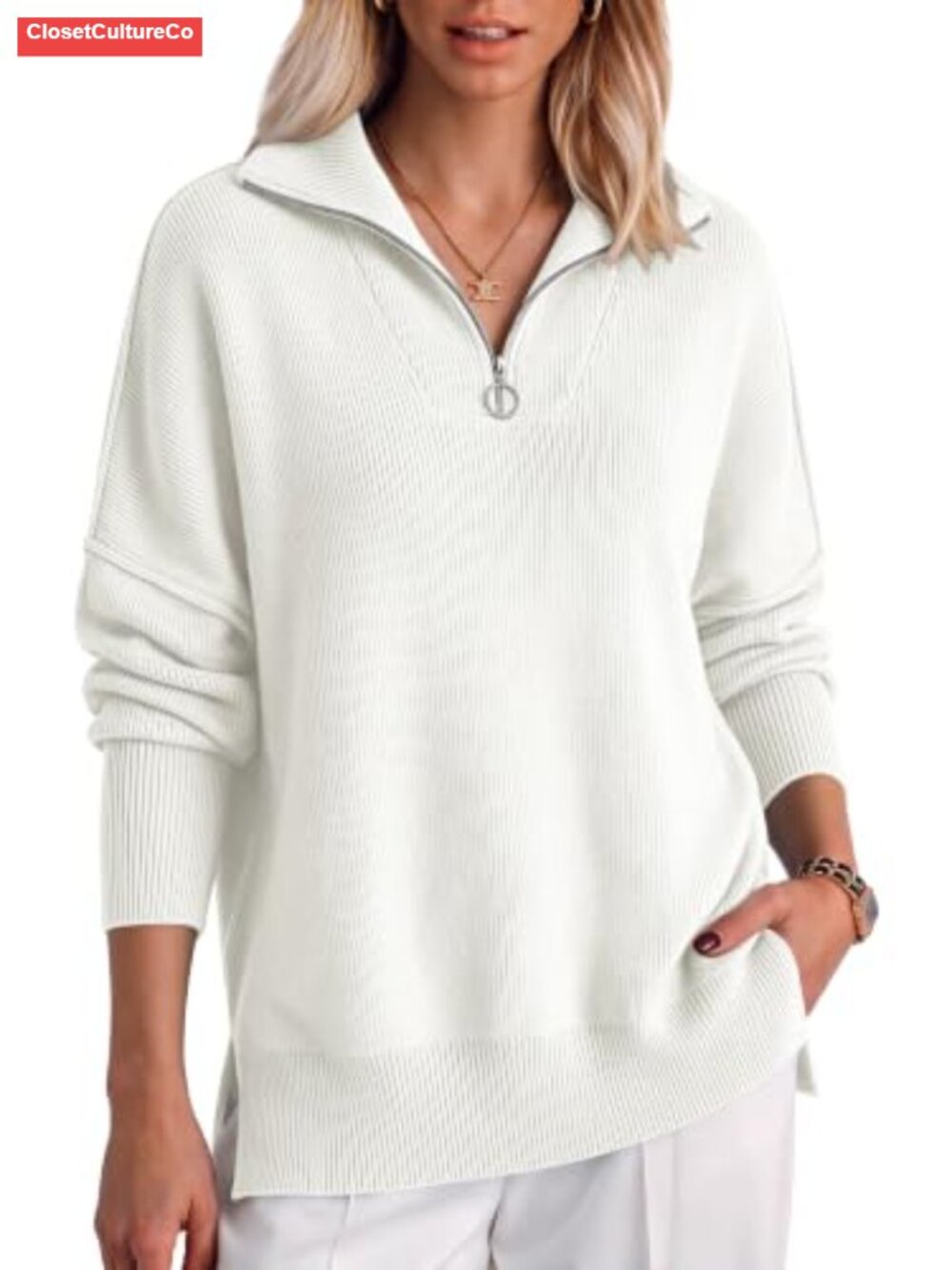 Oversized Quarter Zip Mock Neck Pullover Sweater Ribbed Knit